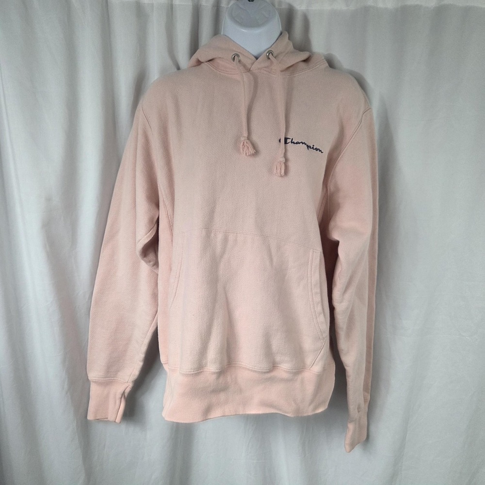 Champion Hoodie Mens Small Pink Reverse Weave Fleece Pullover Sweatshirt Logo